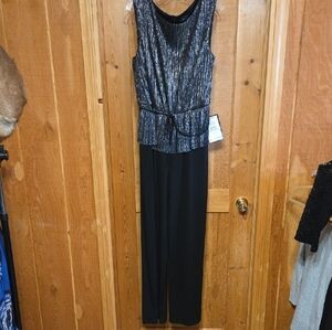 CONNECTED APPARREL Elegant Black & Silver Jumpsuit with Shimmering Details SZ 16